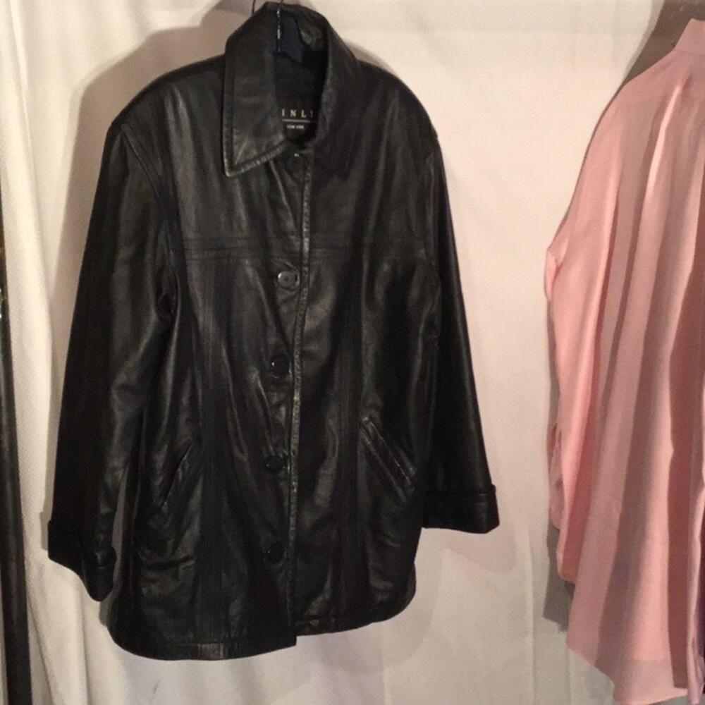 Vintage black leather 3/4 length lined coat worn 1